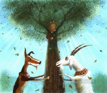 Animal Painting - cuentos de hadas perro y cabra atrapar gato gracioso humor mascota